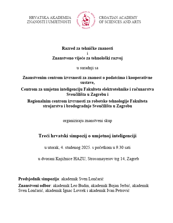 Poziv za sudjelovanje na Trećem hrvatskom simpoziju o umjetnoj inteligenciji, HAZU, 4.11.2025., 9:30 sati